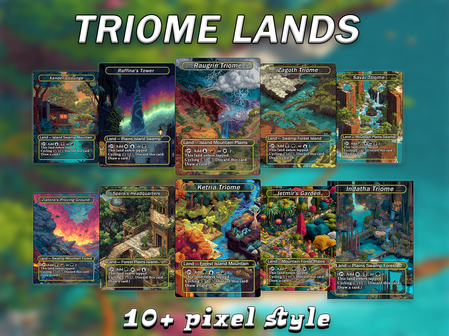 Mega EDH Land Pack – 50 Unique Borderless Custom Proxy Lands in Fantasy Pixel Art Style, High-Quality for EDH & cEDH