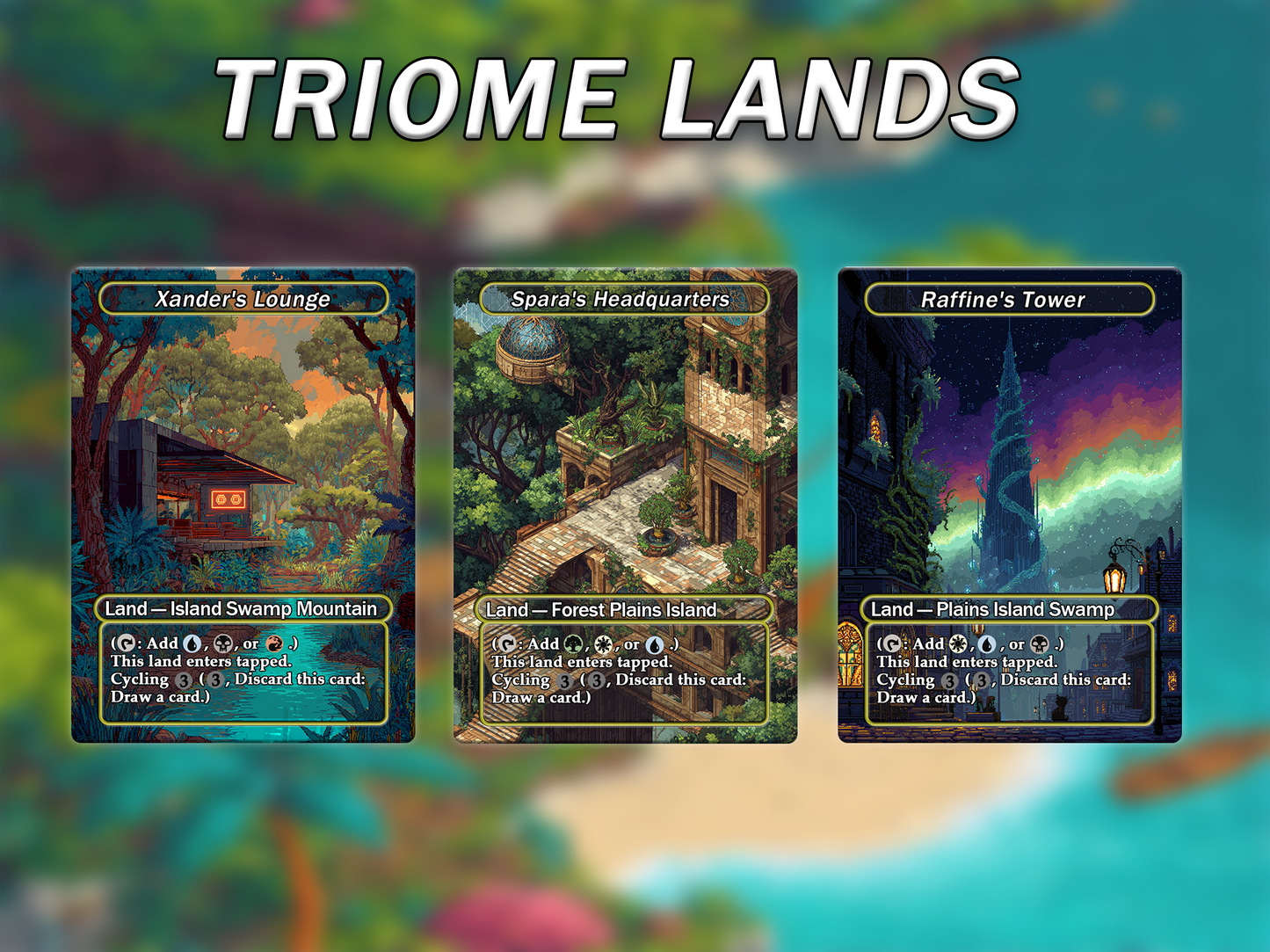 Fantasy Pixel Art Style Triome Land Pack - 10 Unique Borderless Custom Proxy Lands, High-Quality for EDH & cEDH