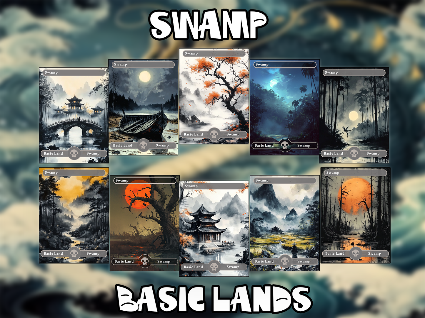 50 Basic Land Proxy Bundle, Proxy Basics, Swamp, Island, Custom Magic Cards for Commander EDH,Ink wash style