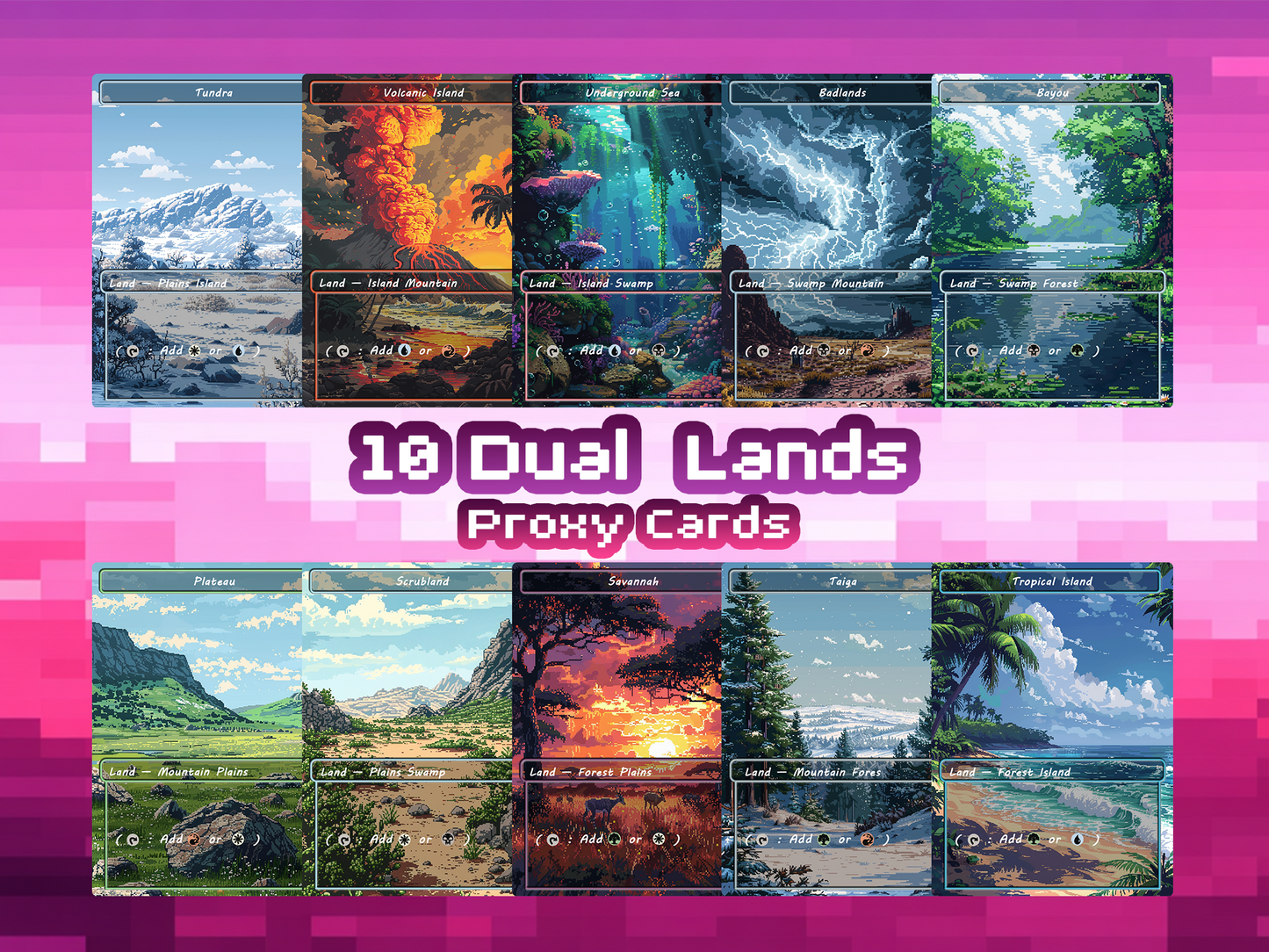 Mega EDH Land Pack – 50 Unique Borderless Custom Proxy Lands in Pixel Art, High-Quality for EDH & cEDH