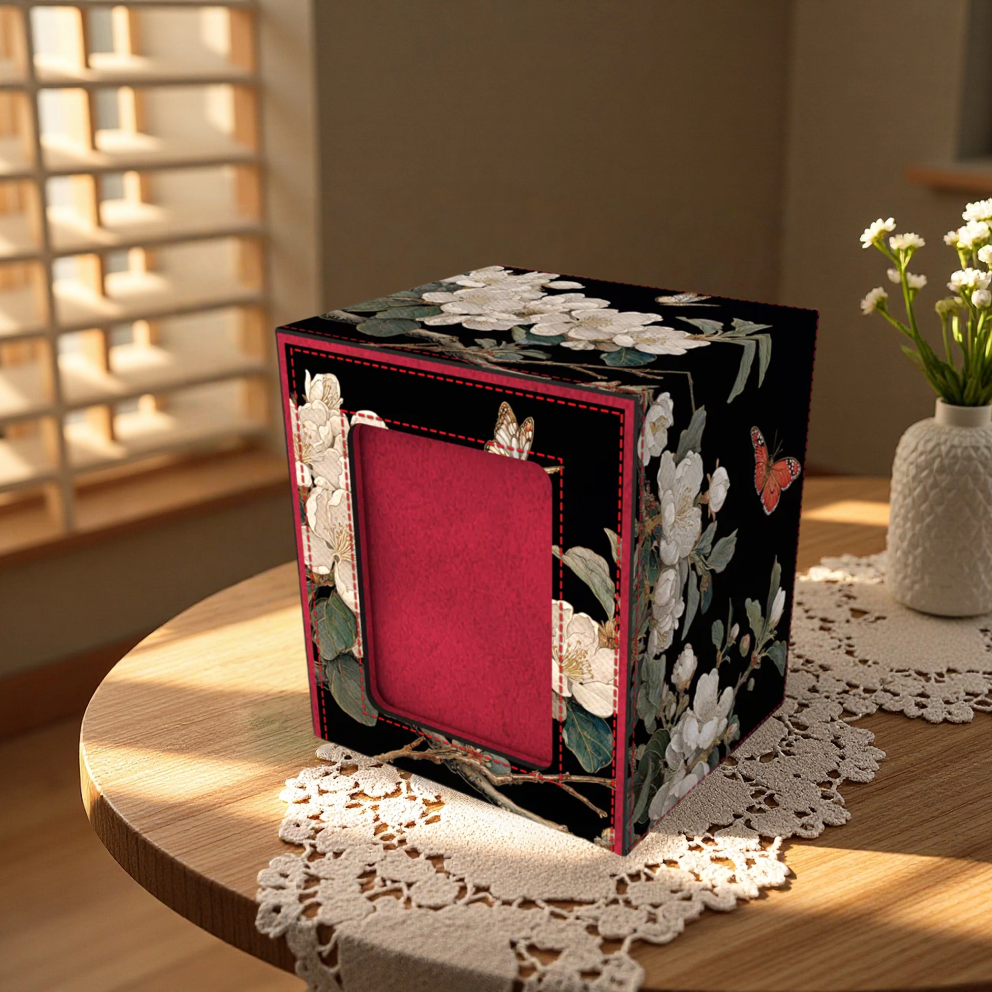 White Blossom Butterfly Deck Box - Premium Storage for TCG, EDH, Commander, Dice & Counters