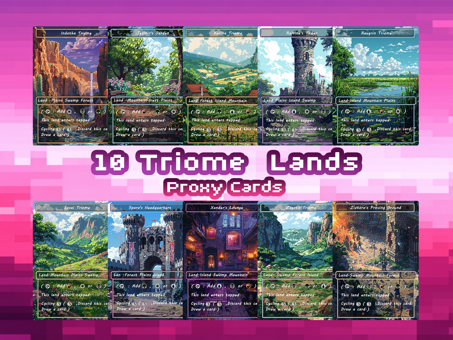 Mega EDH Land Pack – 50 Unique Borderless Custom Proxy Lands in Pixel Art, High-Quality for EDH & cEDH