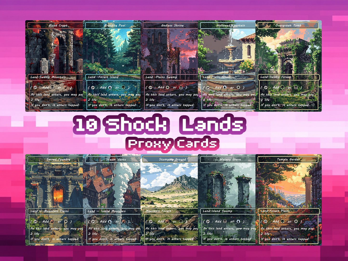 Pixel Art Shock Land Pack - 10 Unique Borderless Custom Proxy Lands, High-Quality for EDH & cEDH