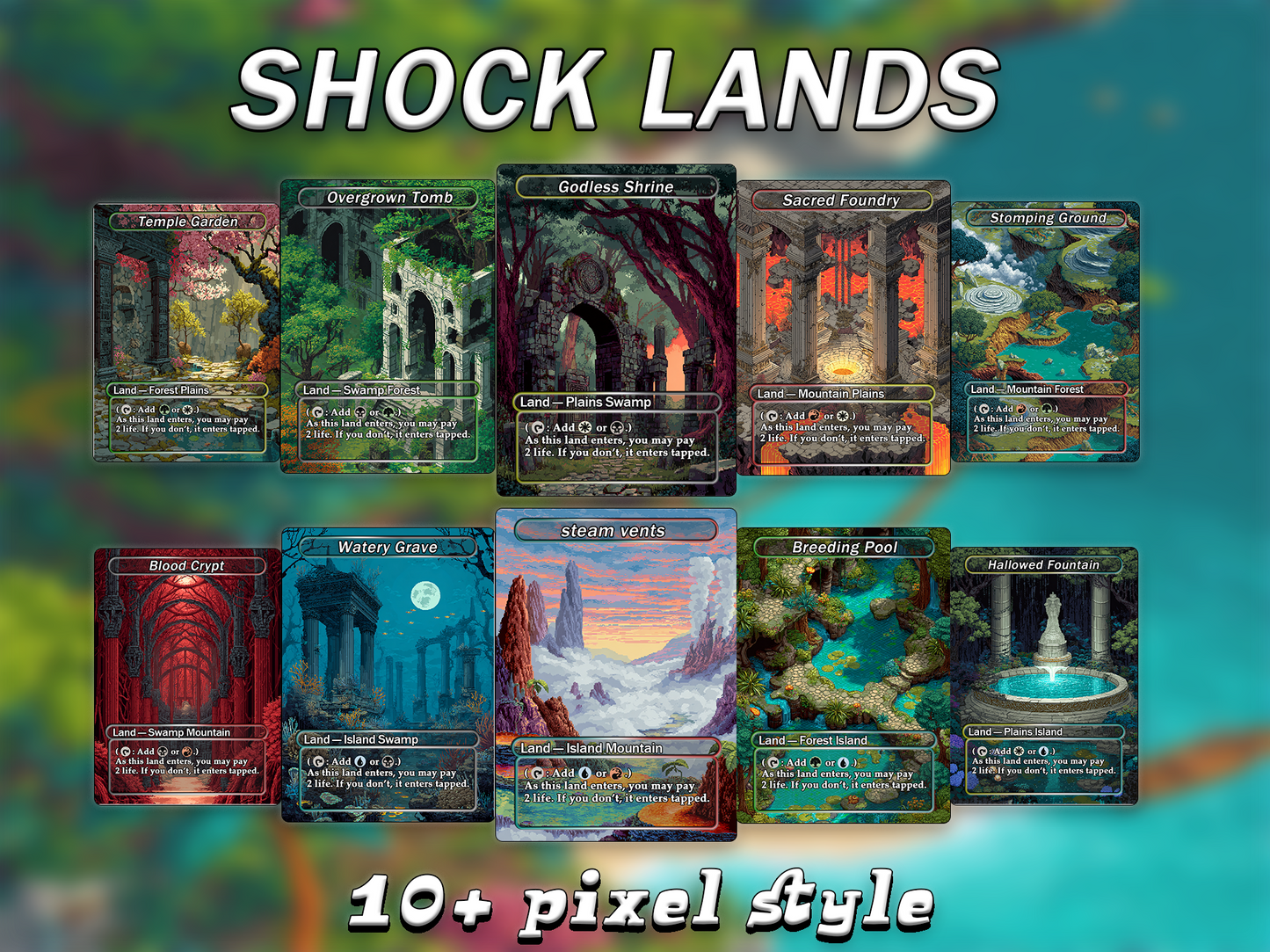 Mega EDH Land Pack – 50 Unique Borderless Custom Proxy Lands in Fantasy Pixel Art Style, High-Quality for EDH & cEDH