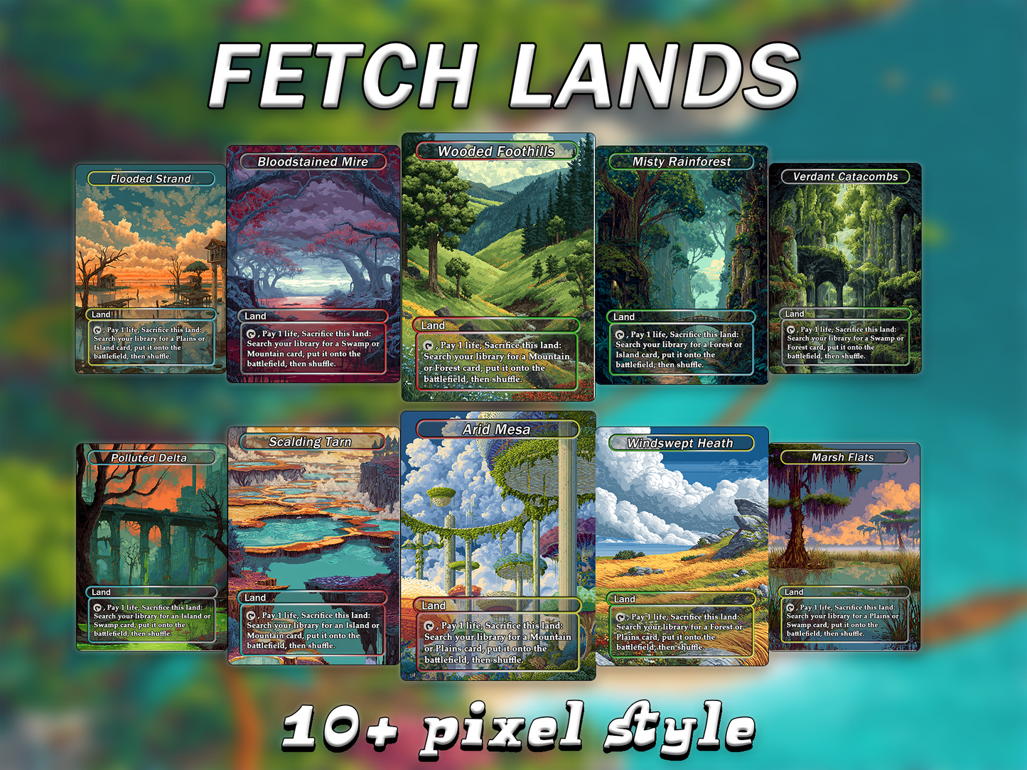 Mega EDH Land Pack – 50 Unique Borderless Custom Proxy Lands in Fantasy Pixel Art Style, High-Quality for EDH & cEDH