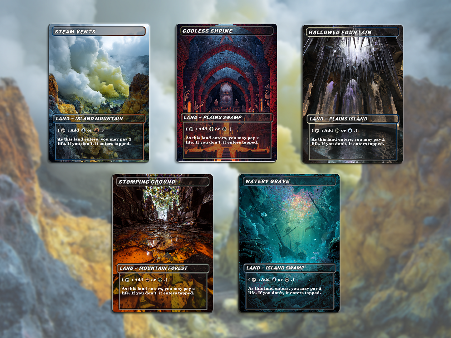 Stained Glass Shock Land Pack - 10 Unique Borderless Custom Proxy Lands, High-Quality for EDH & cEDH