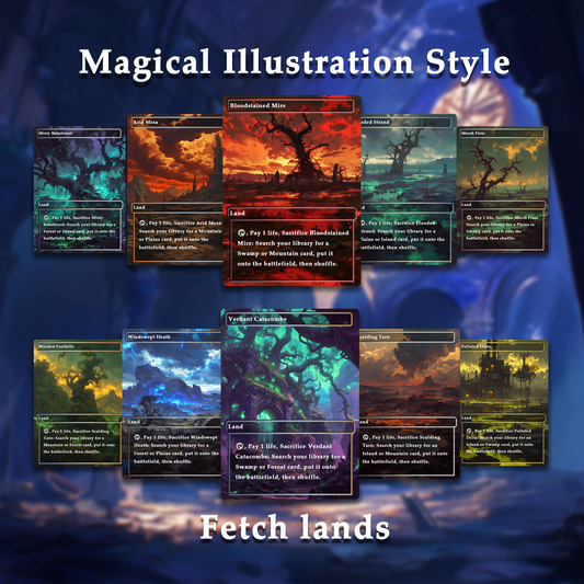 Mega EDH Fetch Land Pack: 10 Magical Illustration-Themed Unique Borderless Custom Proxy Lands, Premium Quality for EDH or cEDH