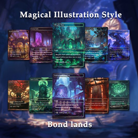 Mega EDH Bond Land Pack: 10 Magical Illustration-Themed Unique Borderless Custom Proxy Lands, Premium Quality for EDH or cEDH