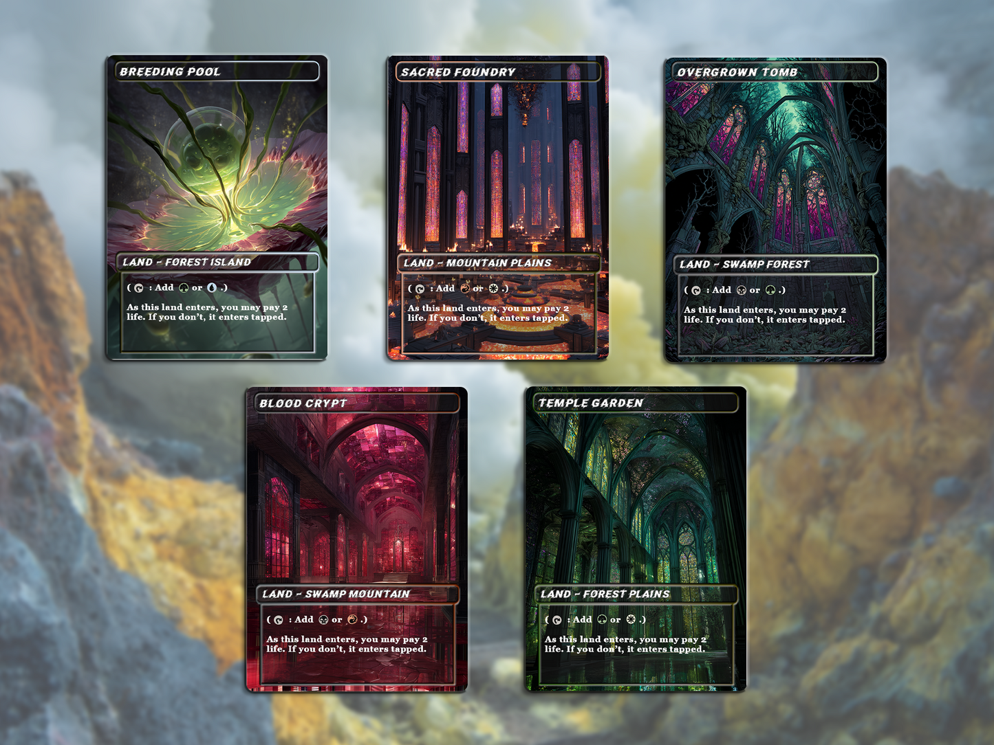 Stained Glass Shock Land Pack - 10 Unique Borderless Custom Proxy Lands, High-Quality for EDH & cEDH