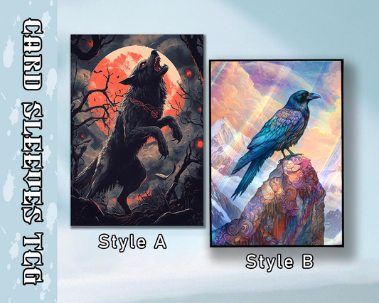 Mystical Creatures: Colorful Raven and Howling Gothic Wolf Mtg card sleeves, tcg Card Sleeves