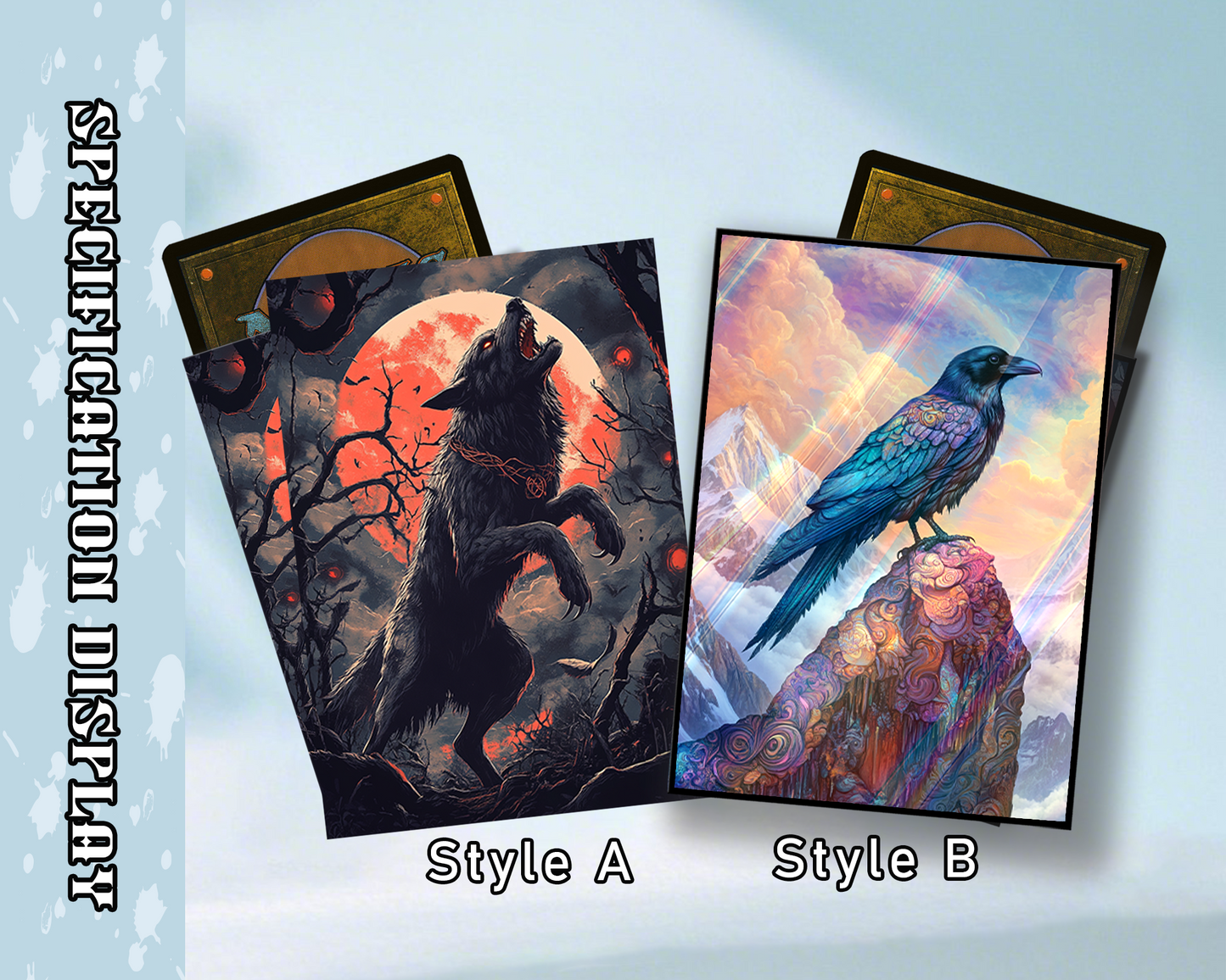 Mystical Creatures: Colorful Raven and Howling Gothic Wolf Mtg card sleeves, tcg Card Sleeves