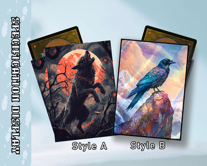 Mystical Creatures: Colorful Raven and Howling Gothic Wolf Mtg card sleeves, tcg Card Sleeves