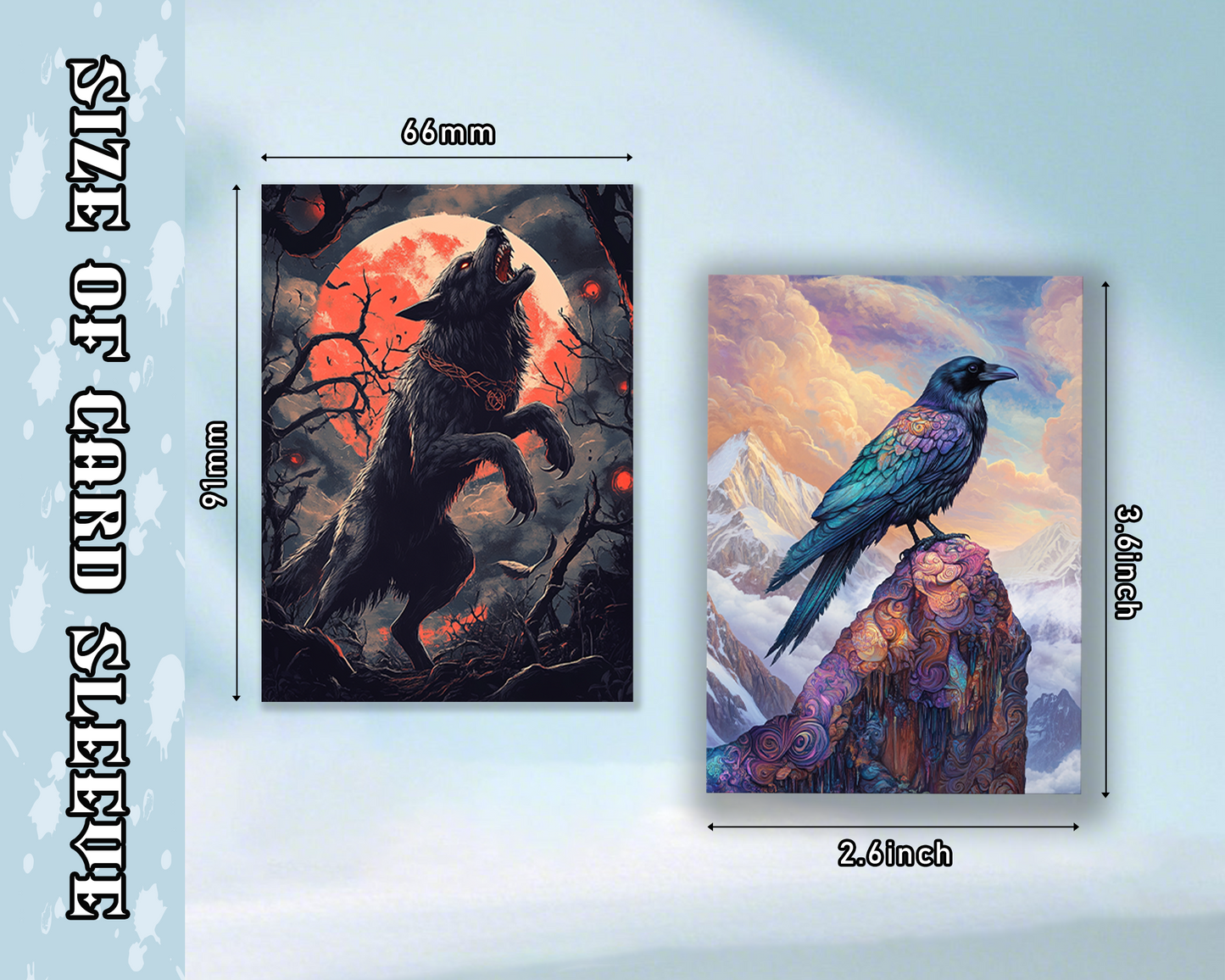Mystical Creatures: Colorful Raven and Howling Gothic Wolf Mtg card sleeves, tcg Card Sleeves