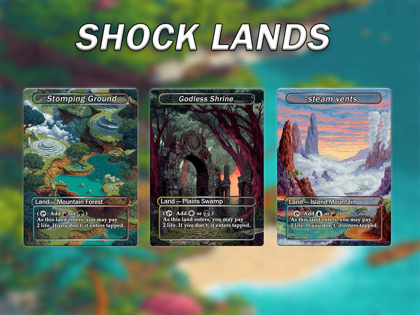 Fantasy Pixel Art Style Shock Land Pack - 10 Unique Borderless Custom Proxy Lands, High-Quality for EDH & cEDH