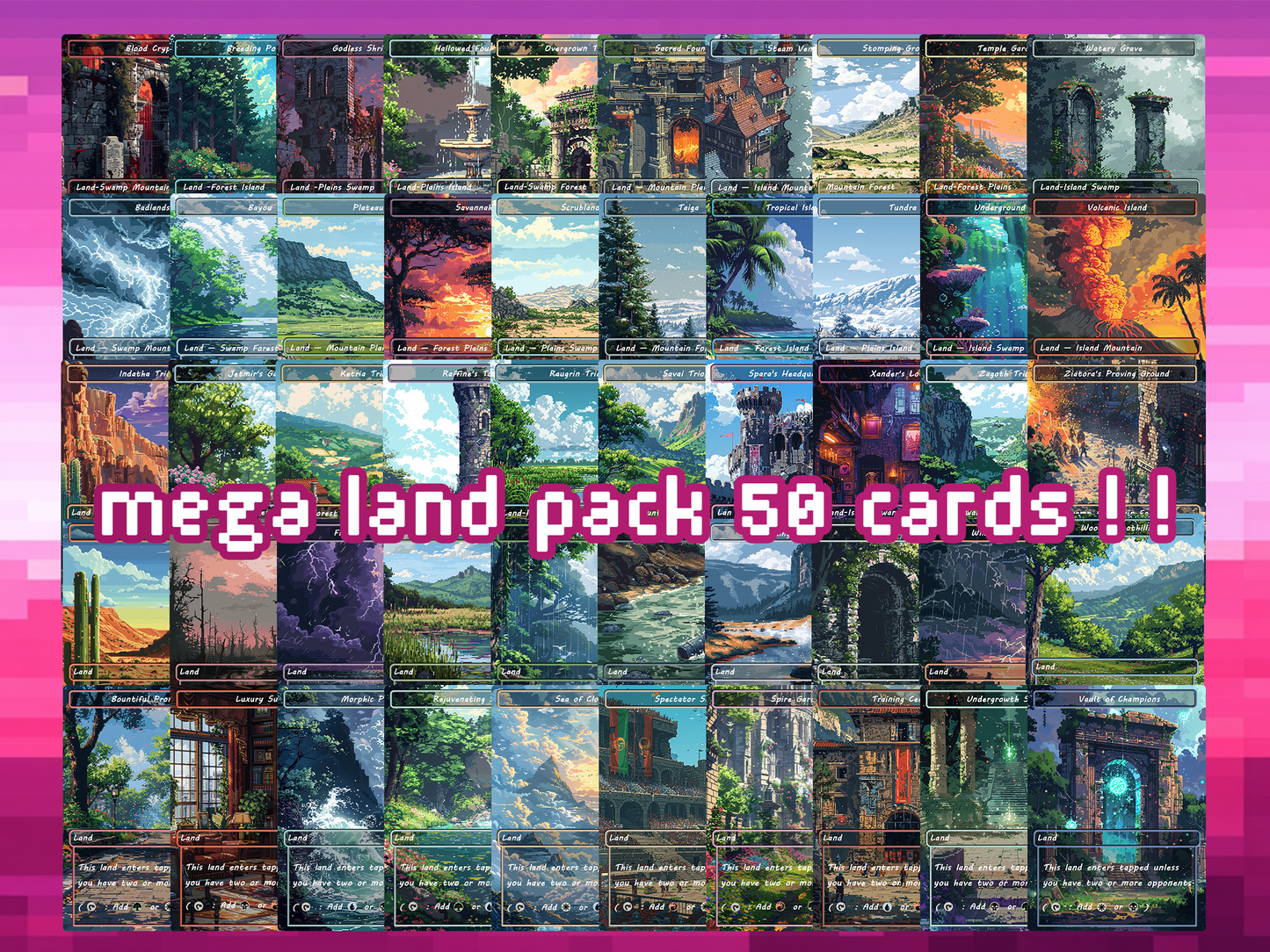 Mega EDH Land Pack – 50 Unique Borderless Custom Proxy Lands in Pixel Art, High-Quality for EDH & cEDH