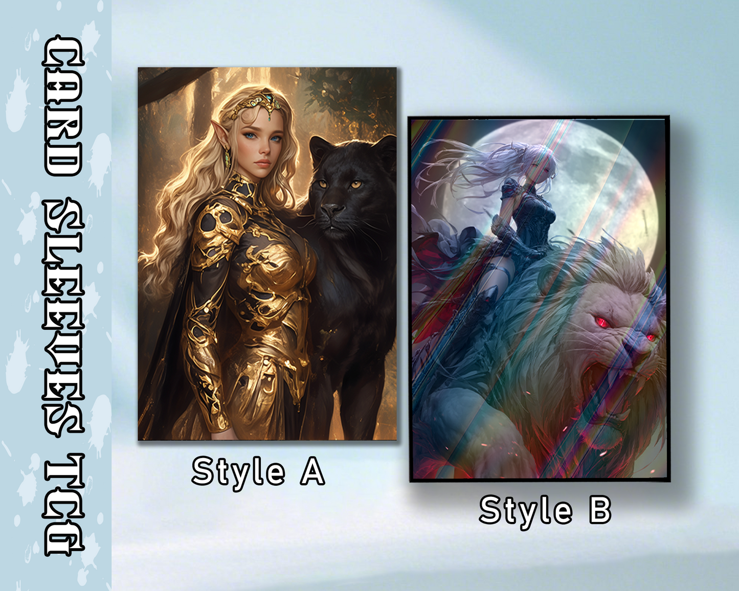Fantasy Character Card Sleeves – Elf with Panther & Warrior on Lion Card Sleeves, tcg Card Sleeves