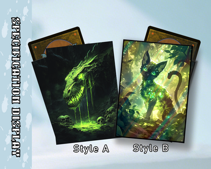 Mythical Creatures Set Green Dragon & Enchanted Cat Art Prints Card Sleeves, tcg Card Sleeves