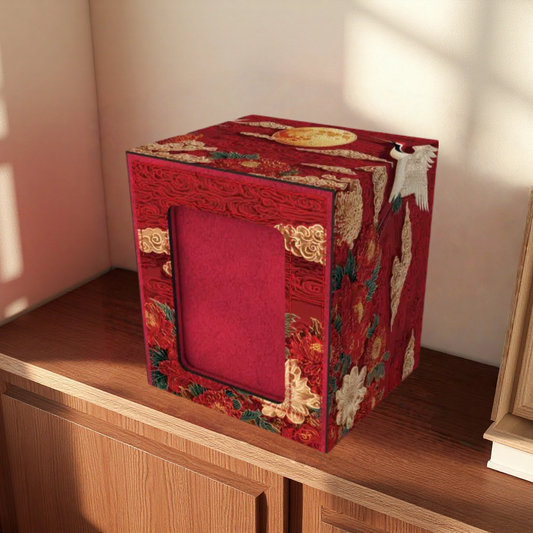 Red Chinese Style Crane & Peony Deck Box - Premium Storage for TCG, EDH, Commander, Dice & Counters