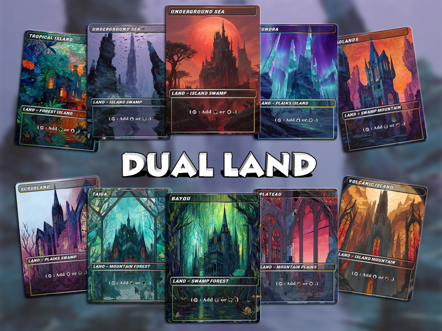 Stained Glass Dual Land Pack - 10 Unique Borderless Custom Proxy Lands, High-Quality for EDH & cEDH