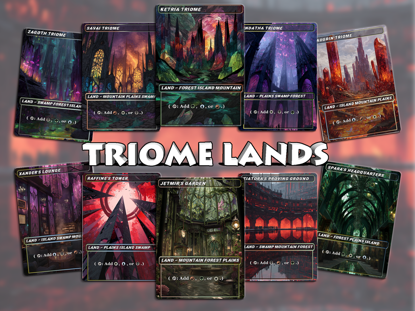 Stained Glass Triome Land Pack - 10 Unique Borderless Custom Proxy Lands, High-Quality for EDH & cEDH