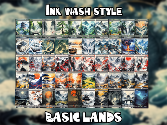 50 Basic Land Proxy Bundle, Proxy Basics, Swamp, Island, Custom Magic Cards for Commander EDH,Ink wash style
